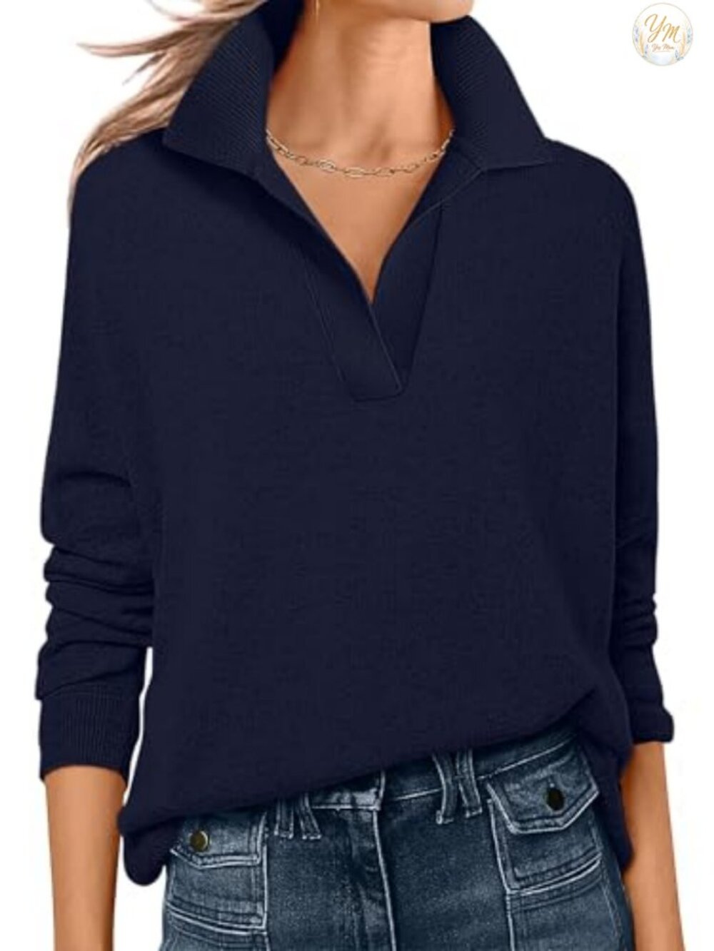 Womens Polo V Neck Lightweight Long Sleeve Sweater Pullover - Fall Top